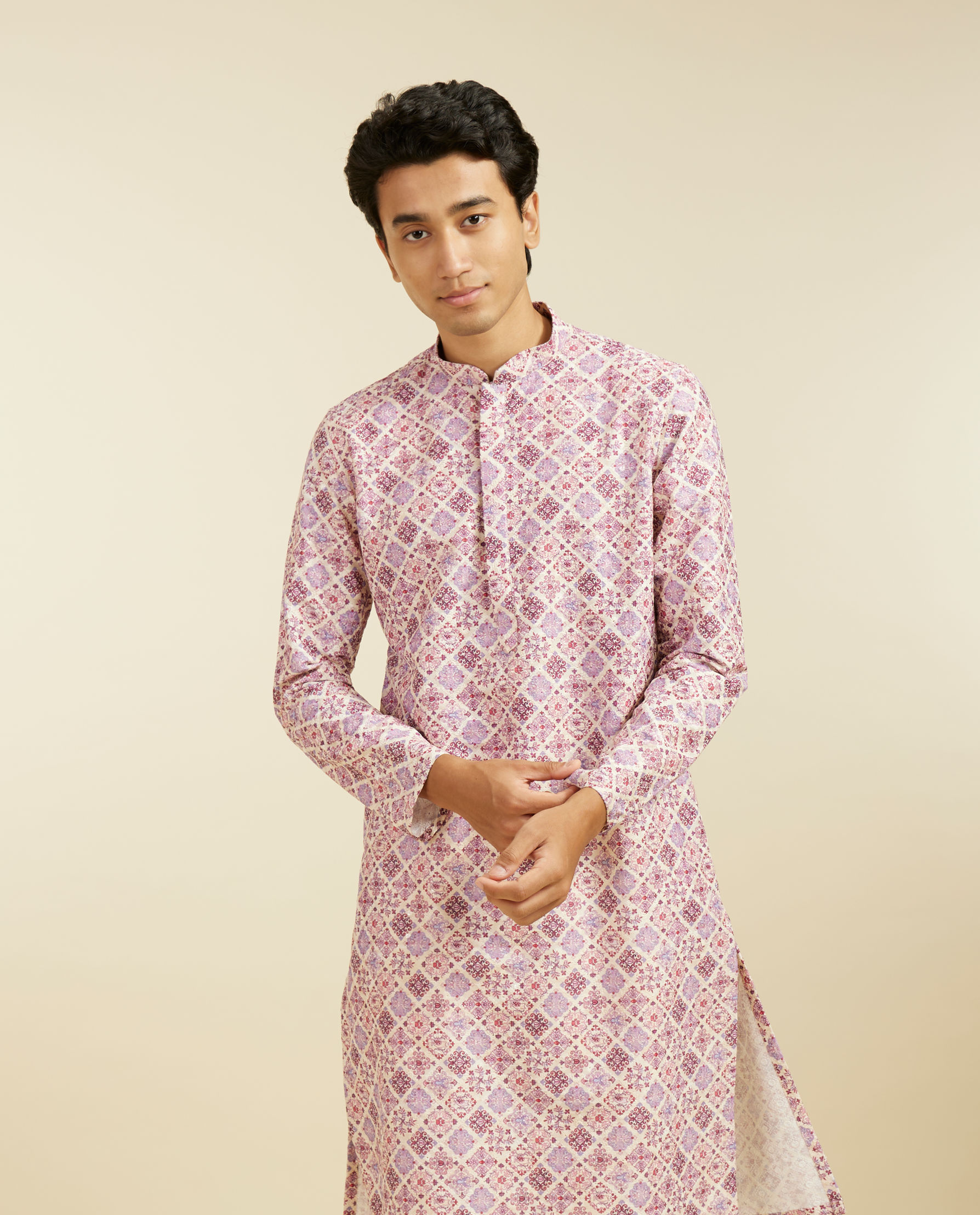 alt message - Diwas Men Soft Lilac Chikankari Inspired Printed Kurta image number 0