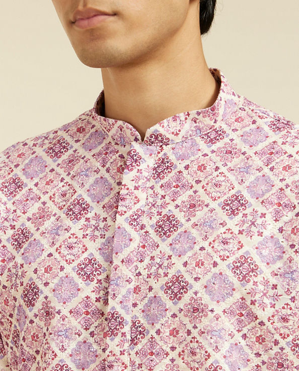 alt message - Diwas Men Soft Lilac Chikankari Inspired Printed Kurta image number 1