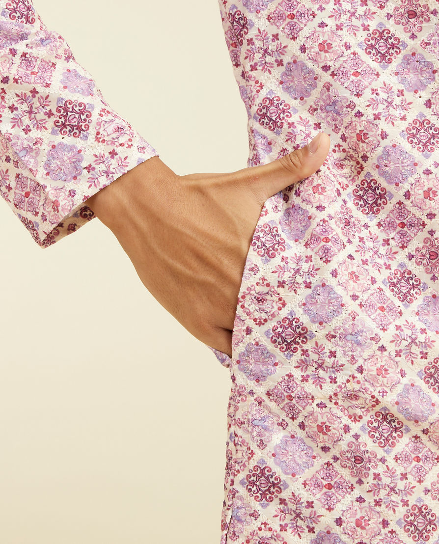 Diwas Men Soft Lilac Chikankari Inspired Printed Kurta