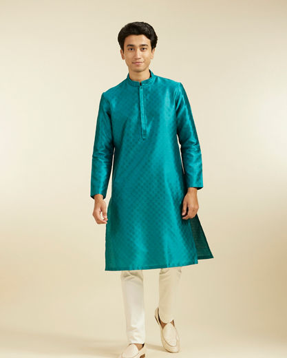 Diwas Men Teal Green Lattice Patterned Kurta