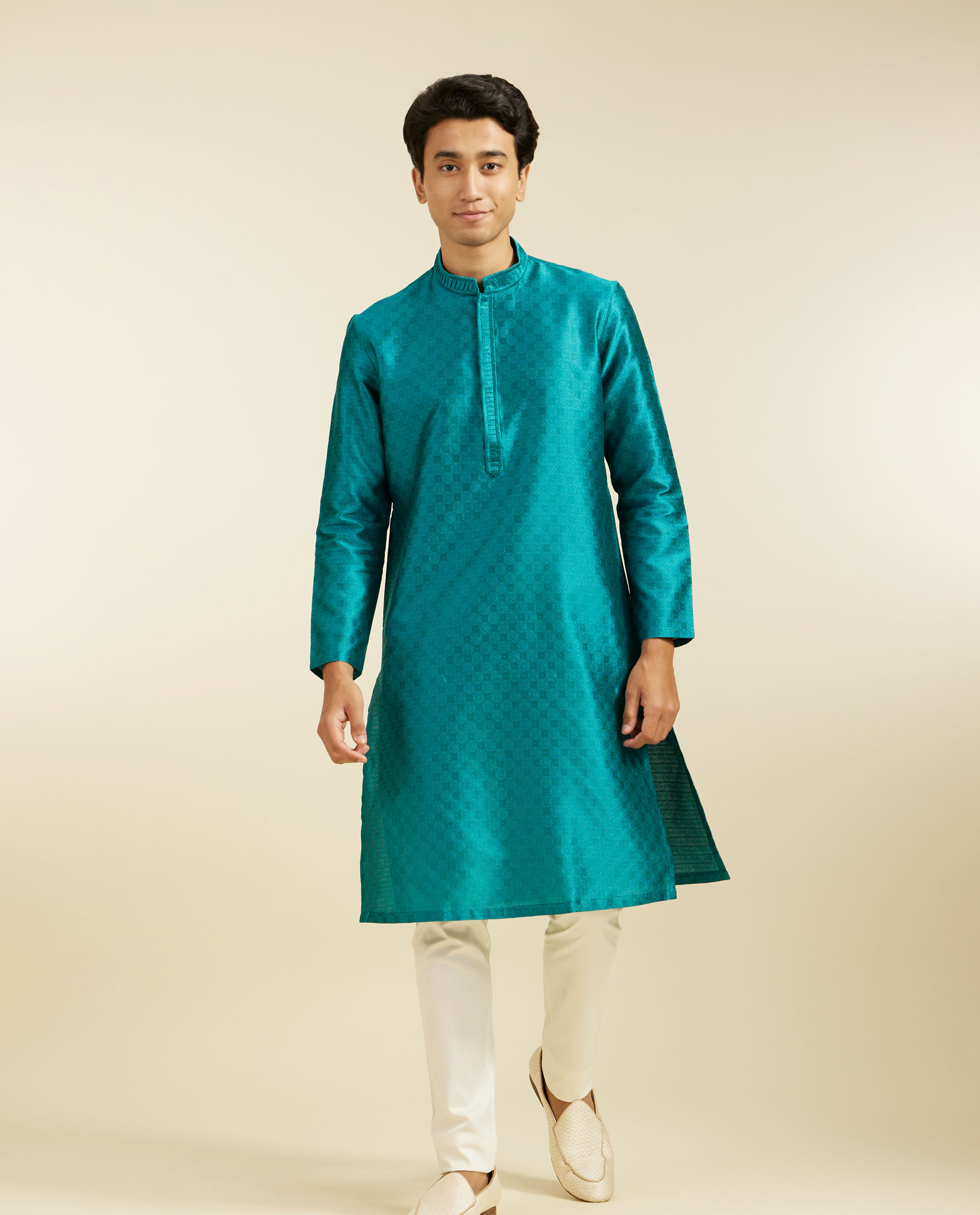 Diwas Men Teal Green Lattice Patterned Kurta
