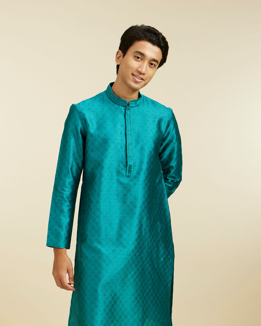 alt message - Diwas Men Teal Green Lattice Patterned Kurta image number 0