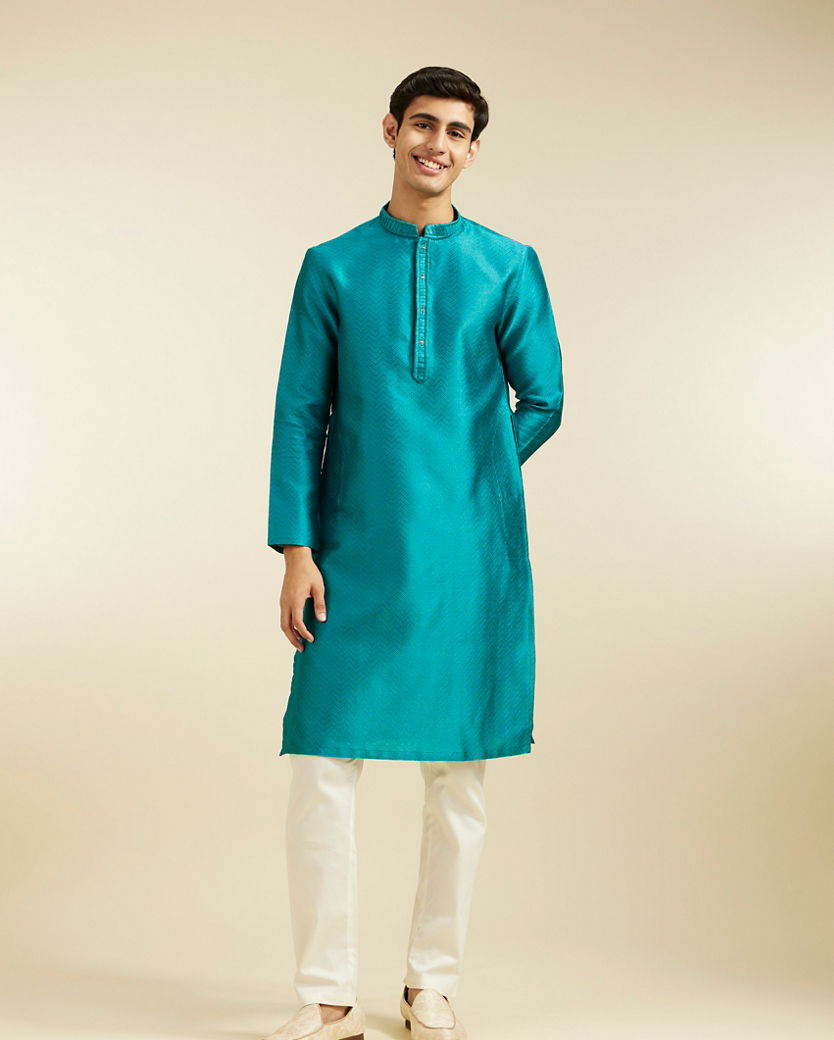 alt message - Diwas Men Teal Green Chevron Patterned Kurta image number 2