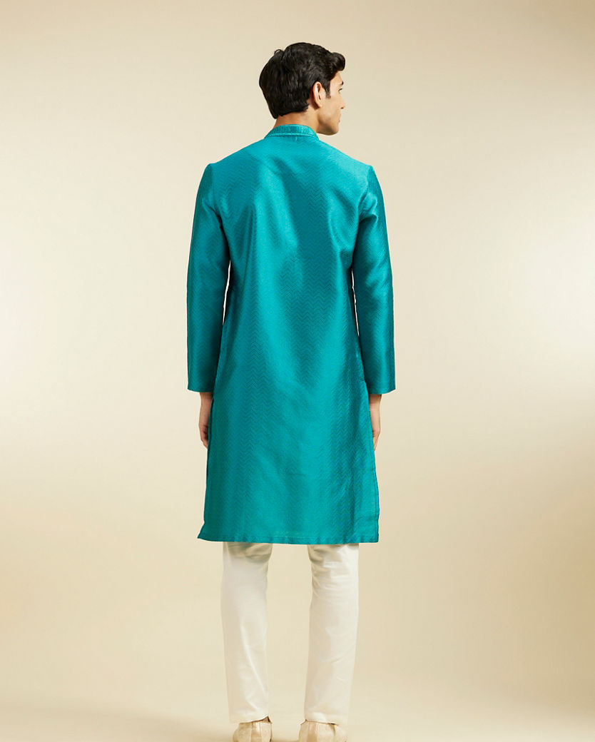 alt message - Diwas Men Teal Green Chevron Patterned Kurta image number 4