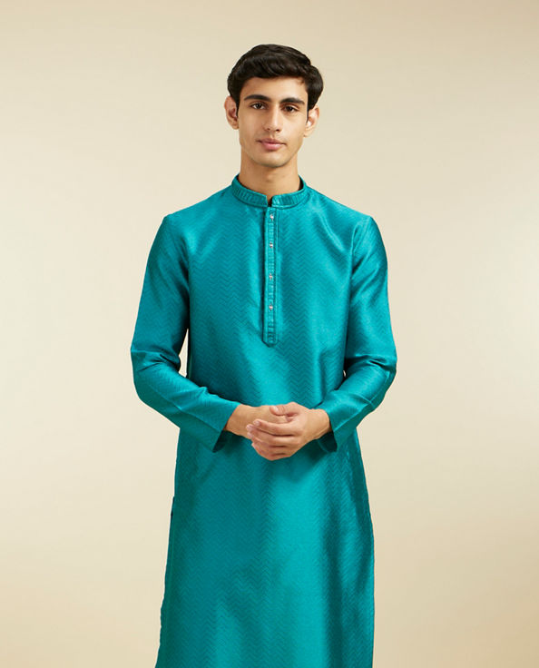 alt message - Diwas Men Teal Green Chevron Patterned Kurta image number 0