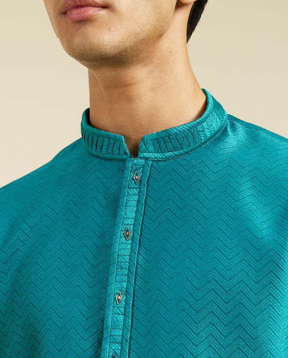 alt message - Diwas Men Teal Green Chevron Patterned Kurta image number 1