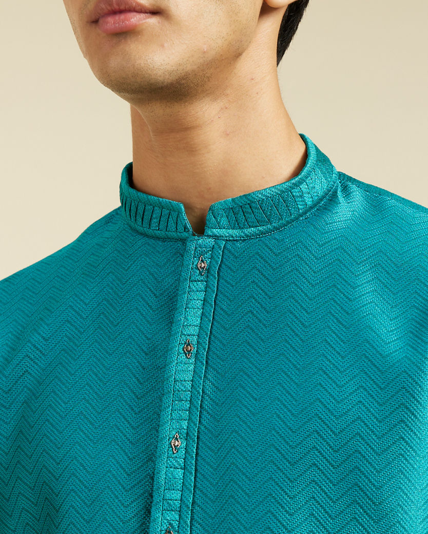 alt message - Diwas Men Teal Green Chevron Patterned Kurta image number 1