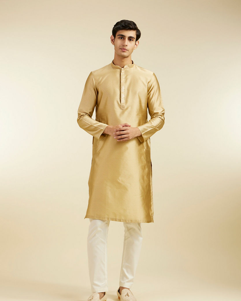 Diwas Men Light Fawn Lattice Patterned Kurta with Sequin Work