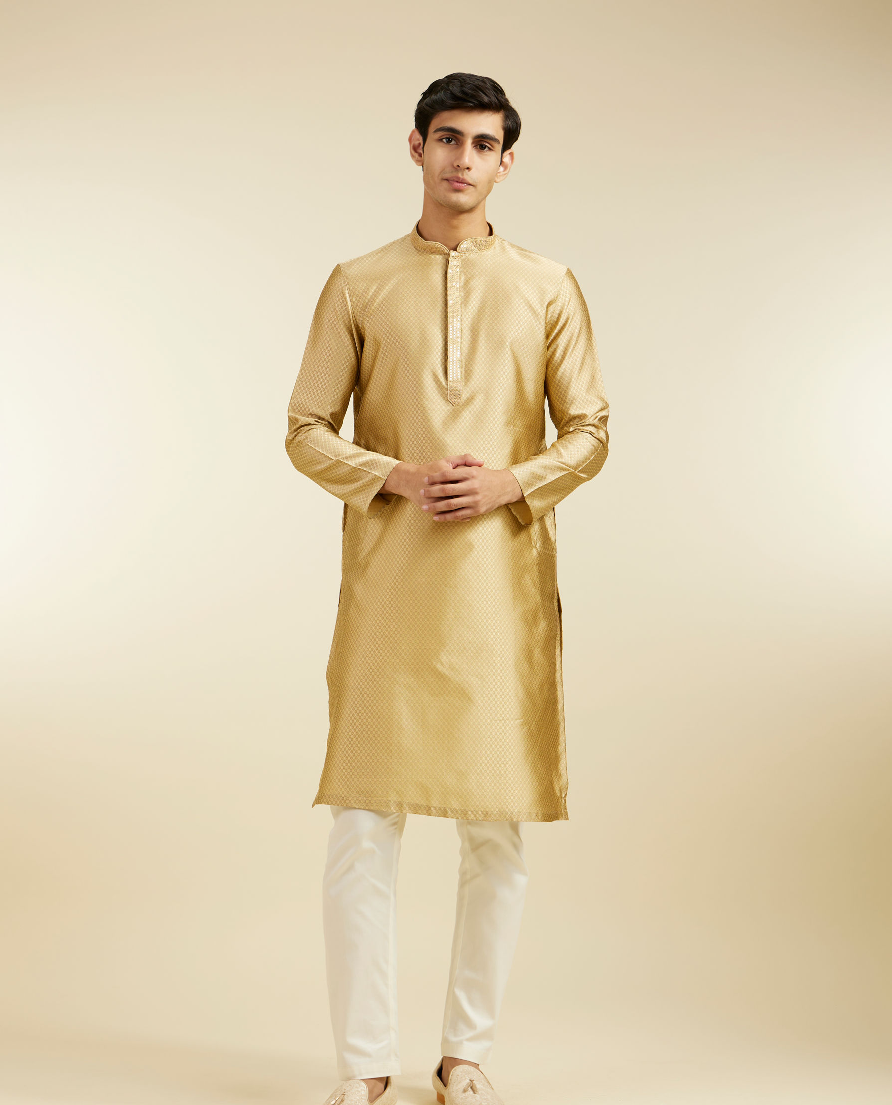 Diwas Men Light Fawn Lattice Patterned Kurta with Sequin Work