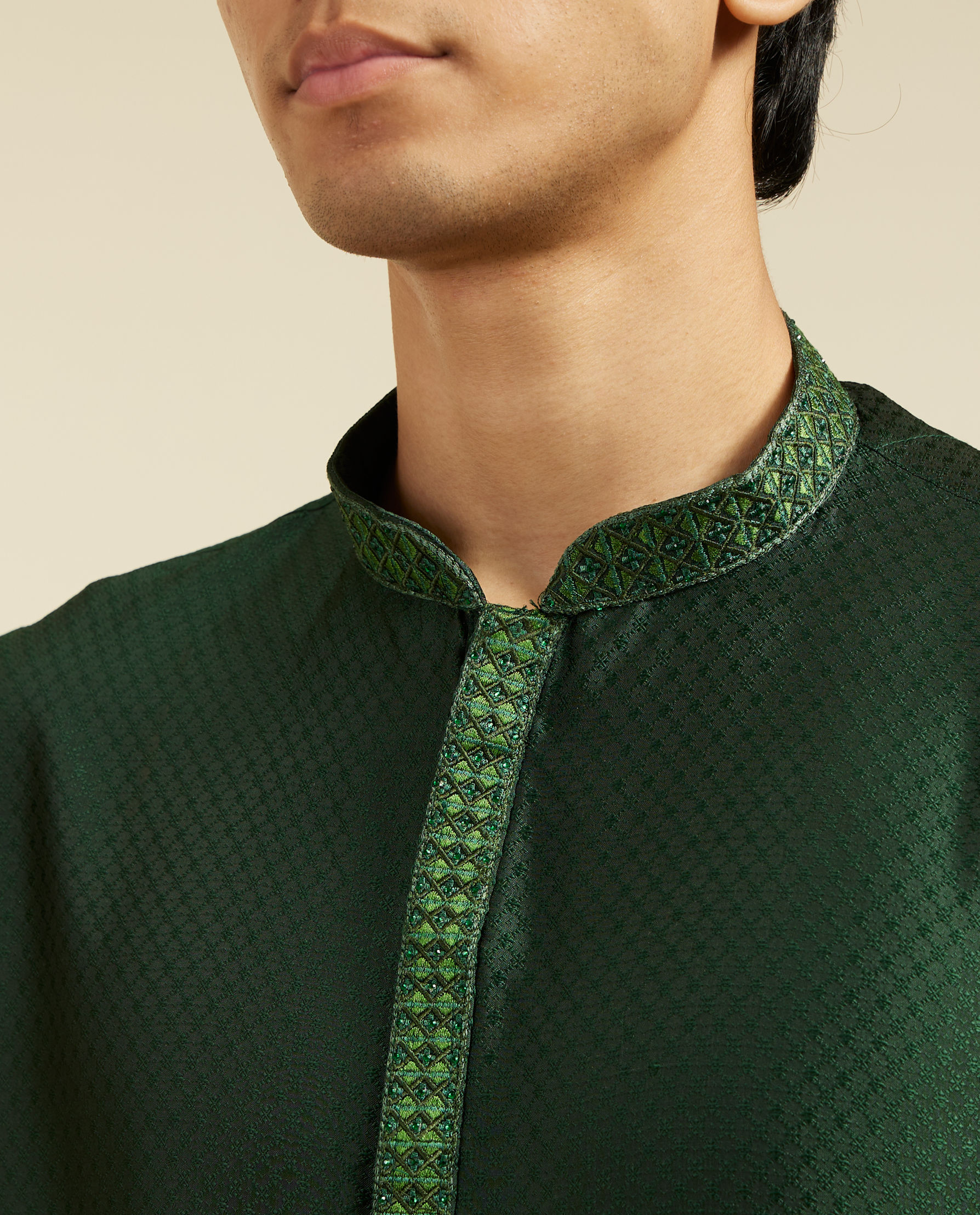 Diwas Men Bottle Green Lattice Patterned Kurta with Embroidered Neckline