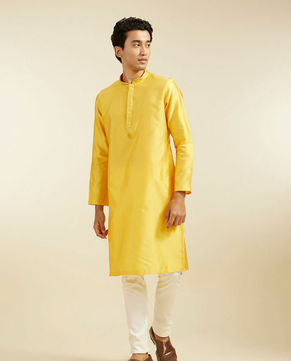 Diwas Men Sunshine Yellow Lattice Patterned Kurta with Embroidered Neckline