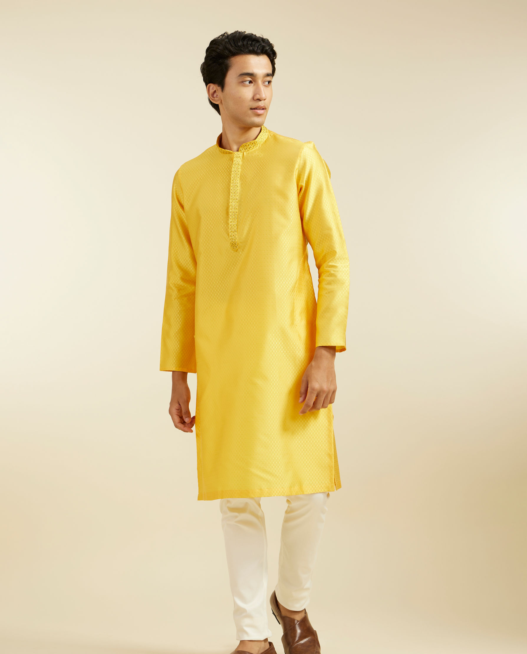 Diwas Men Sunshine Yellow Lattice Patterned Kurta with Embroidered Neckline