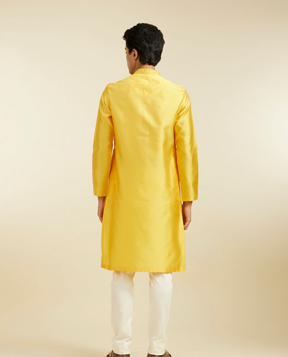 Diwas Men Sunshine Yellow Lattice Patterned Kurta with Embroidered Neckline