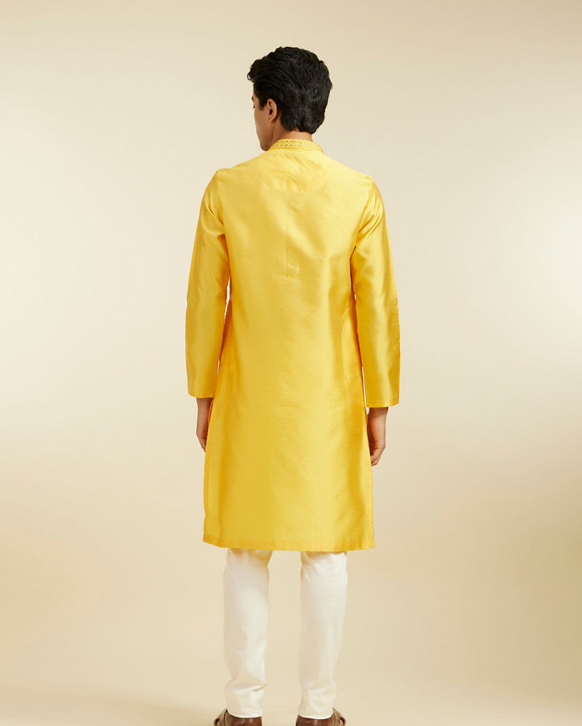 Diwas Men Sunshine Yellow Lattice Patterned Kurta with Embroidered Neckline