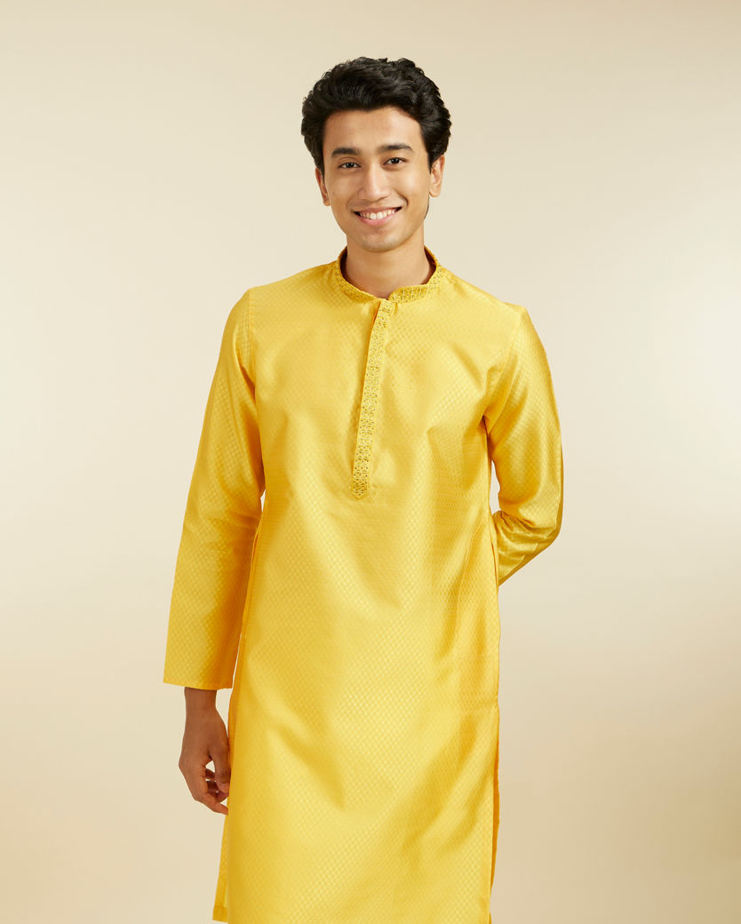 Diwas Men Sunshine Yellow Lattice Patterned Kurta with Embroidered Neckline