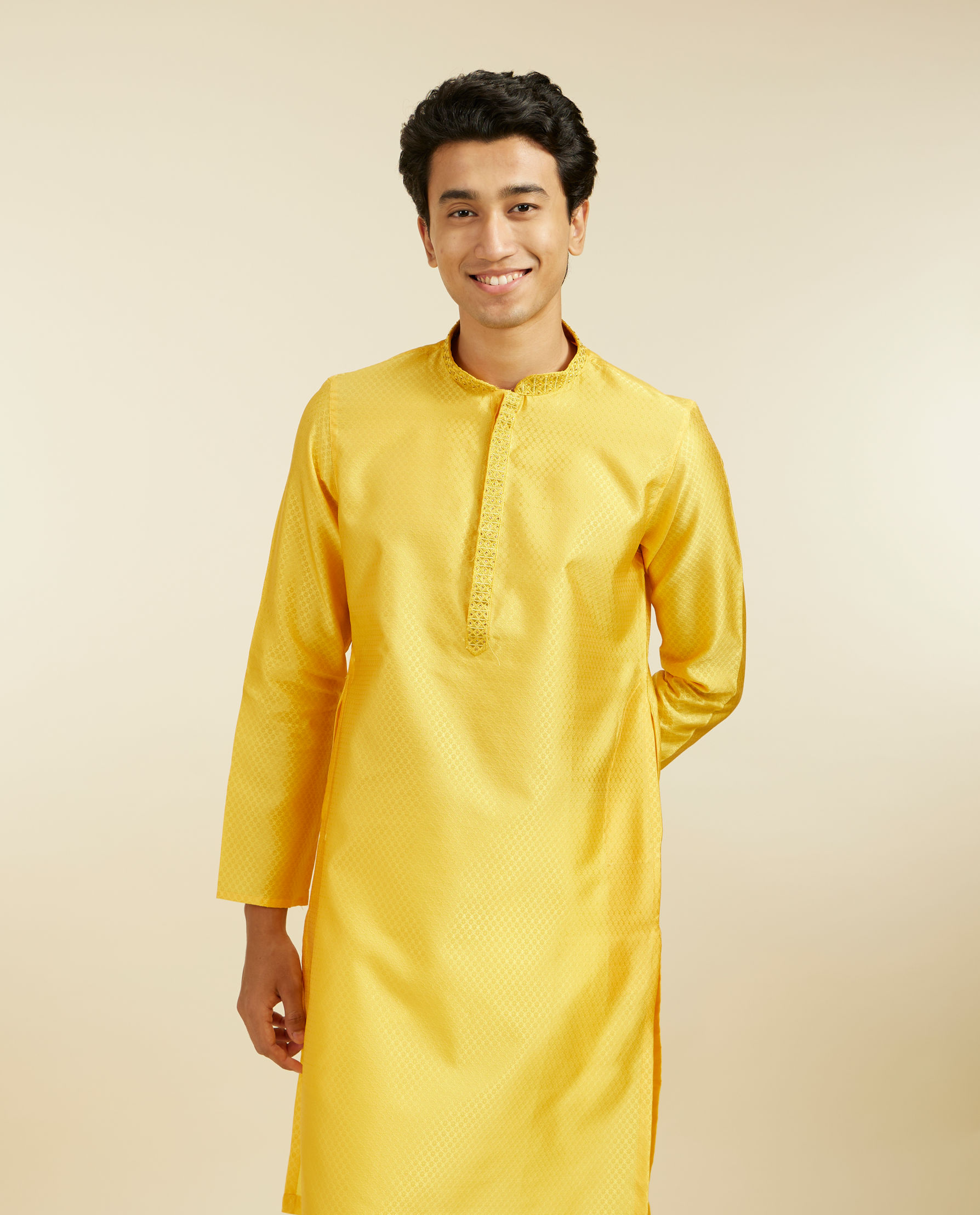 Diwas Men Sunshine Yellow Lattice Patterned Kurta with Embroidered Neckline