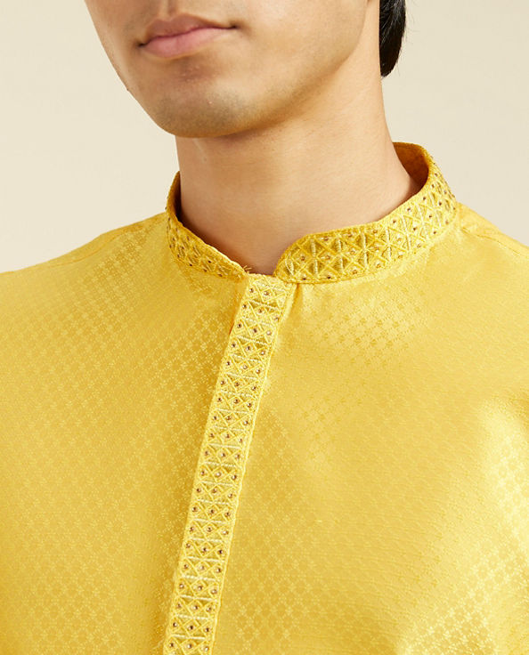 Diwas Men Sunshine Yellow Lattice Patterned Kurta with Embroidered Neckline