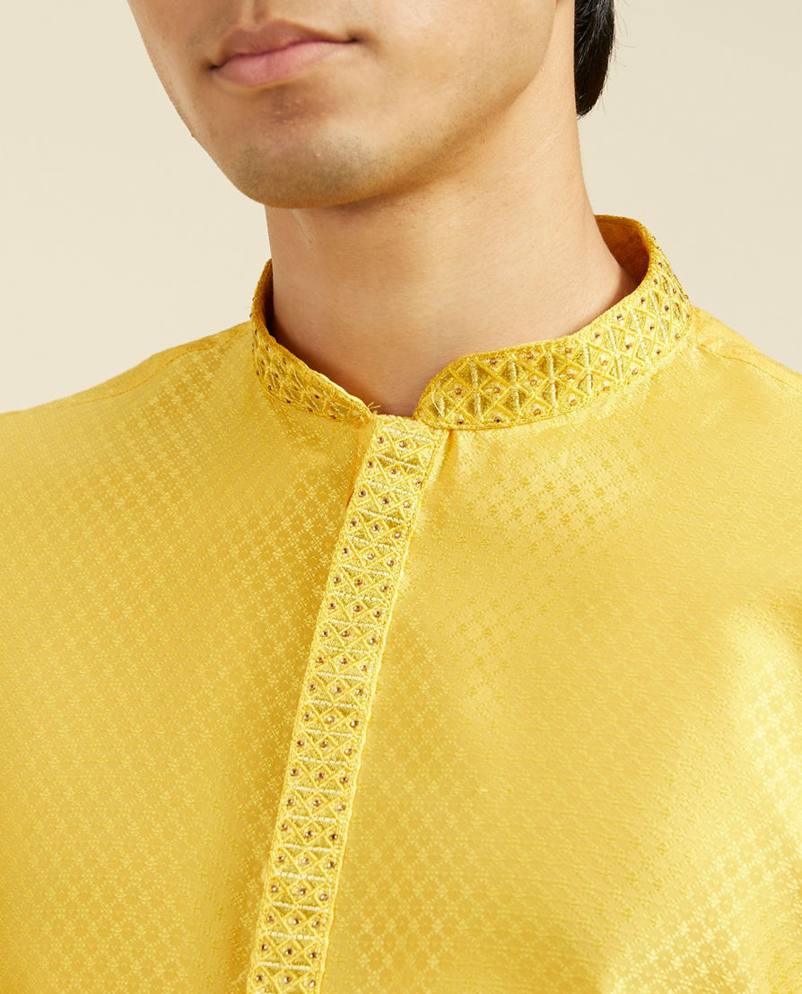 Diwas Men Sunshine Yellow Lattice Patterned Kurta with Embroidered Neckline