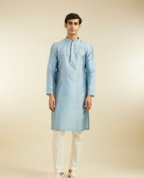 Diwas Men Ice Blue Lattice Patterned Kurta with Embroidered Neckline