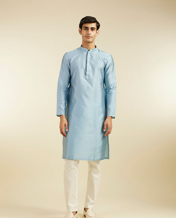 Diwas Men Ice Blue Lattice Patterned Kurta with Embroidered Neckline