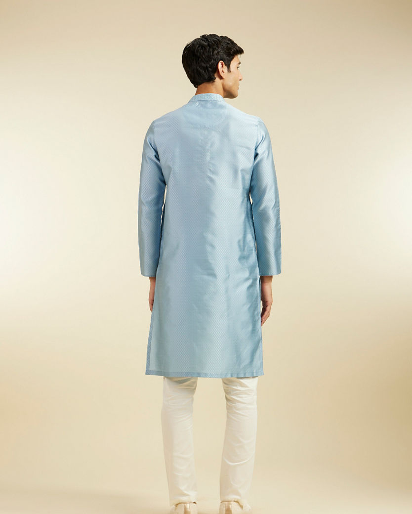 Diwas Men Ice Blue Lattice Patterned Kurta with Embroidered Neckline