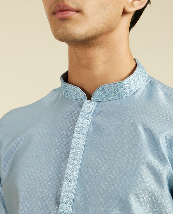 Diwas Men Ice Blue Lattice Patterned Kurta with Embroidered Neckline