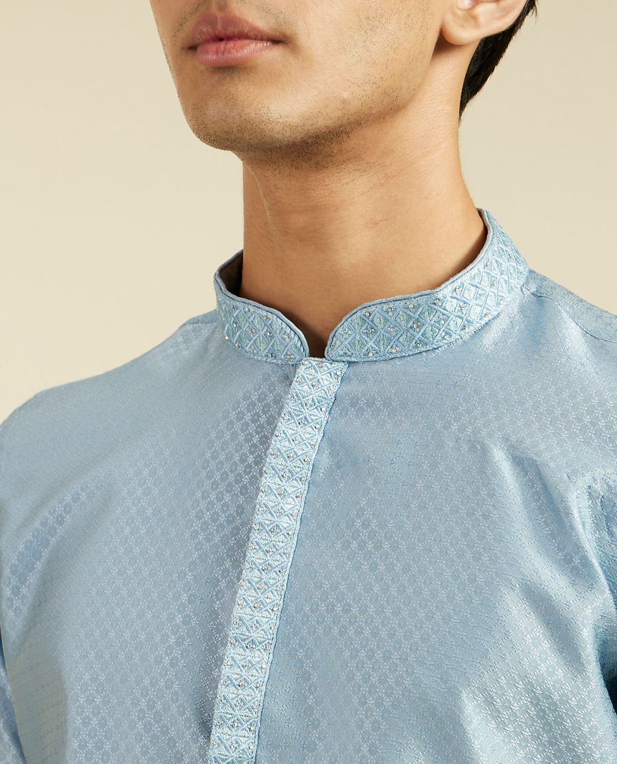 Diwas Men Ice Blue Lattice Patterned Kurta with Embroidered Neckline