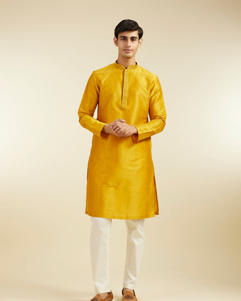 alt message - Diwas Men Mustard Yellow Plain Classic Kurta image number 2