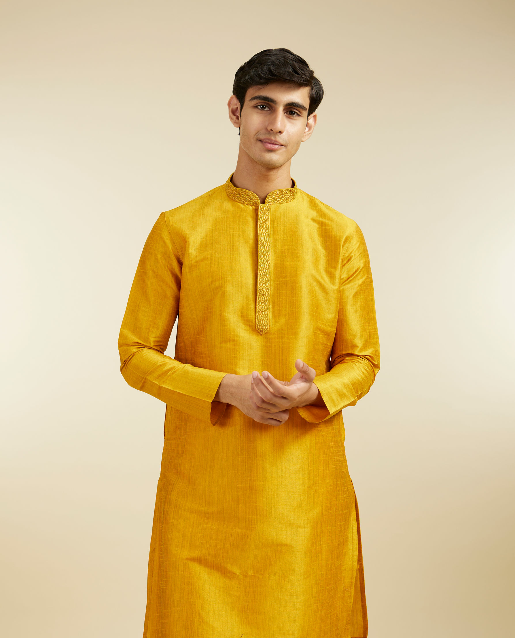 Diwas Men Mustard Yellow Plain Classic Kurta