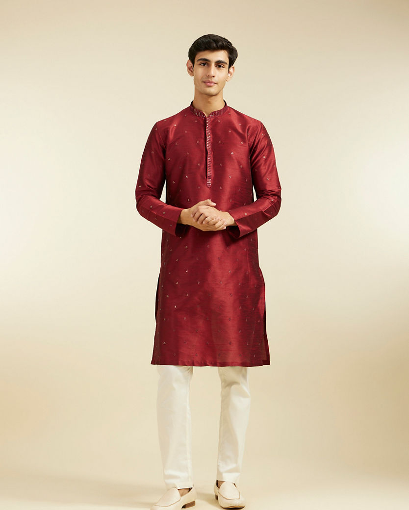 Diwas Men Maroon Red Buta Embroidered Kurta with Sequin Work