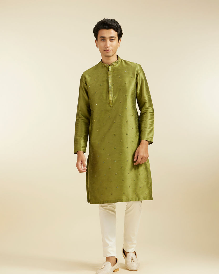 Diwas Men Olive Green Buta Embroidered Kurta with Sequin Work