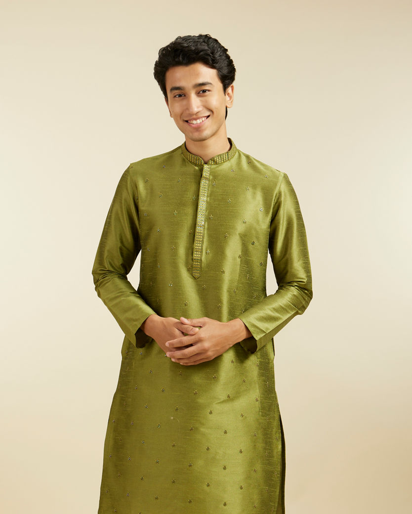 Diwas Men Olive Green Buta Embroidered Kurta with Sequin Work