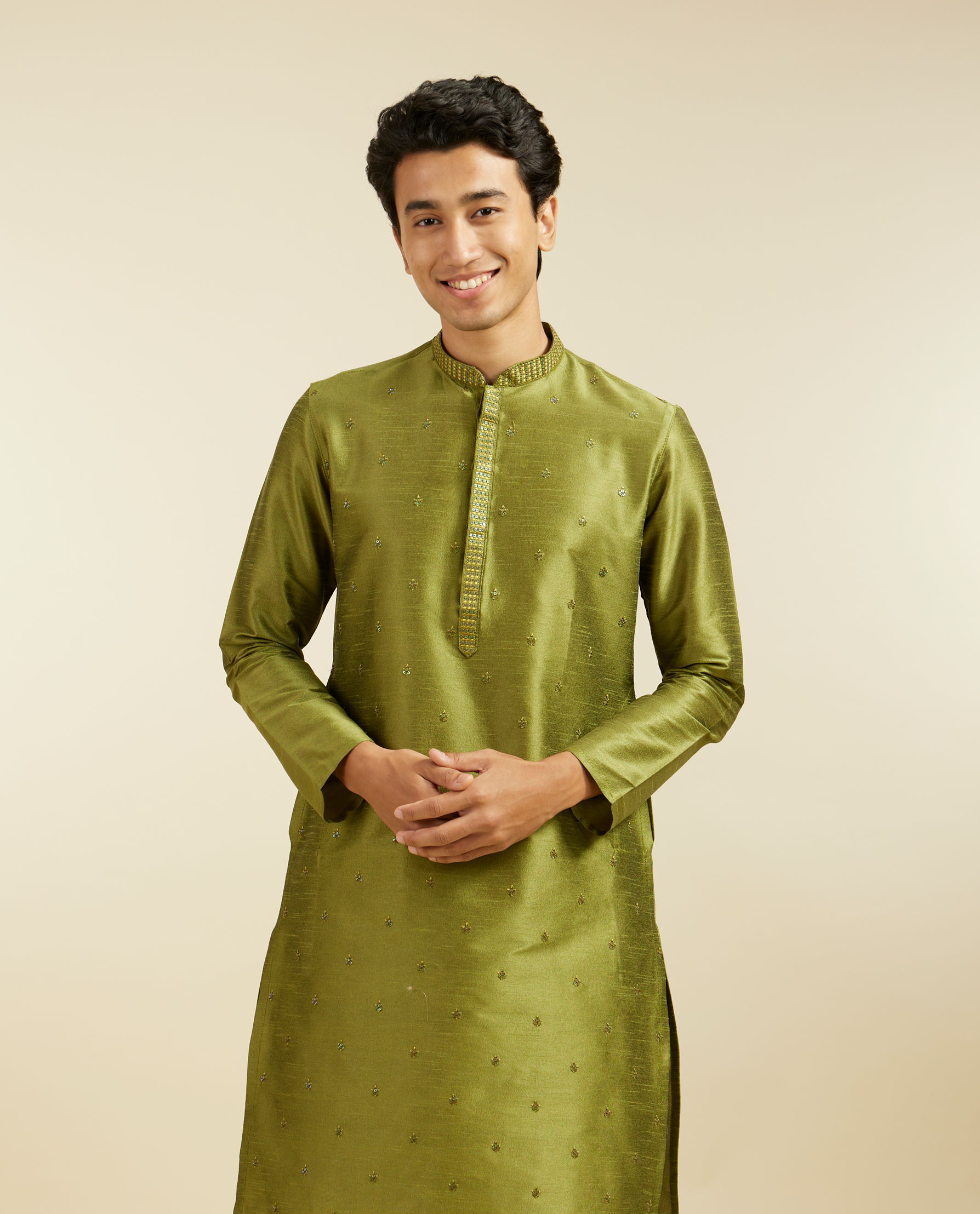 Diwas Men Olive Green Buta Embroidered Kurta with Sequin Work