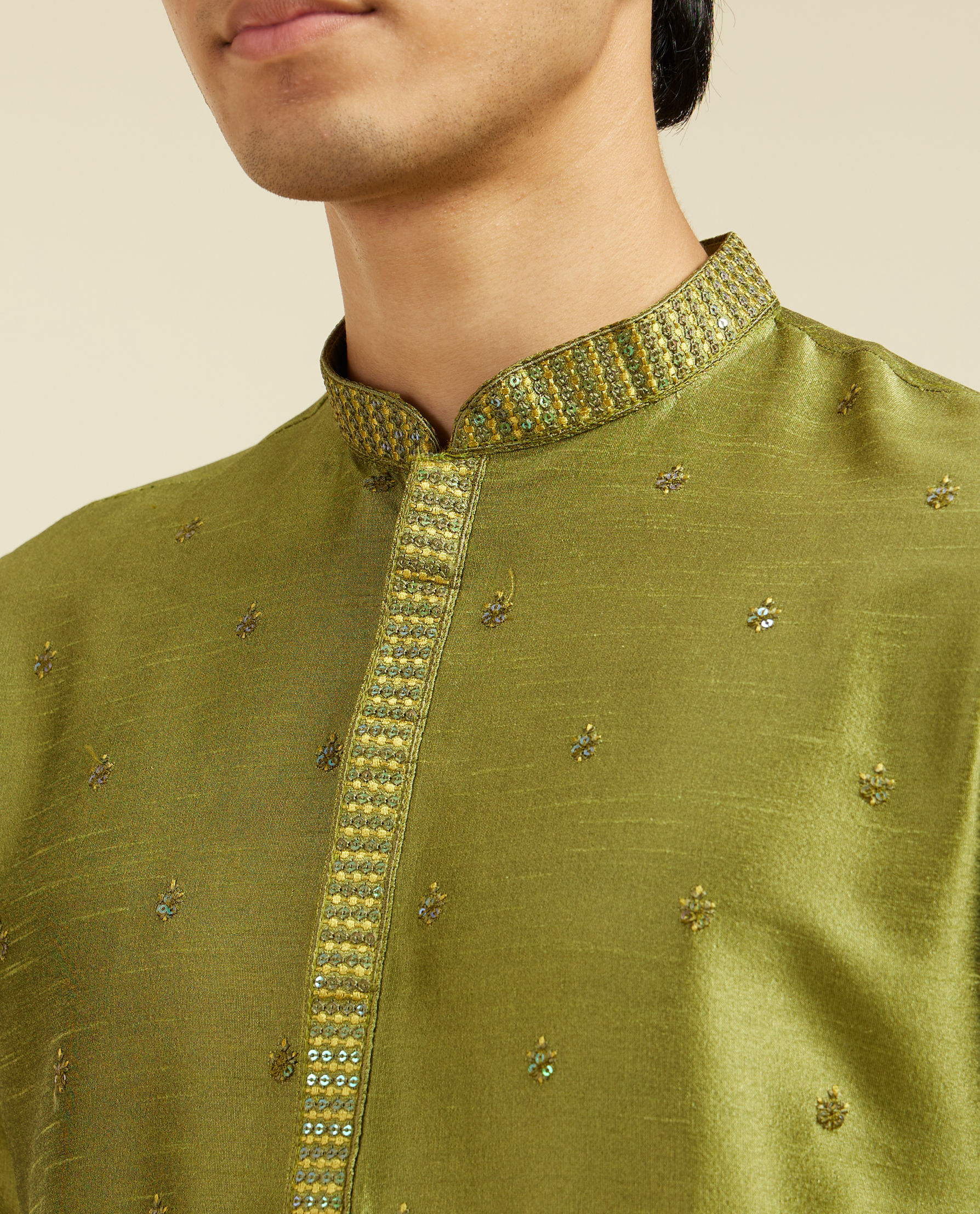 Diwas Men Olive Green Buta Embroidered Kurta with Sequin Work