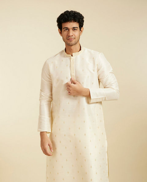 alt message - Diwas Men Cream White Buta Kurta with Sequinned Neckline