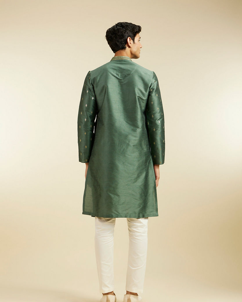 alt message - Diwas Men Bottle Green Buta Kurta with Sequinned Neckline image number 4