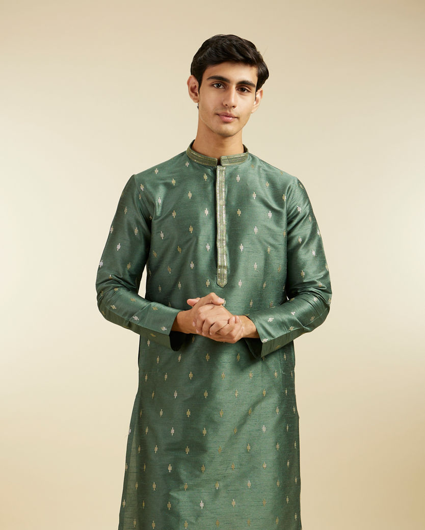 alt message - Diwas Men Bottle Green Buta Kurta with Sequinned Neckline image number 0