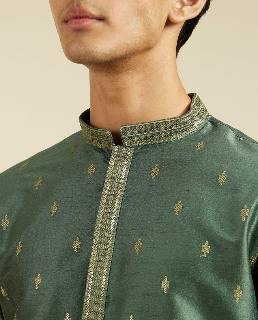 Diwas Men Bottle Green Buta Patterned Kurta with Sequinned Neckline