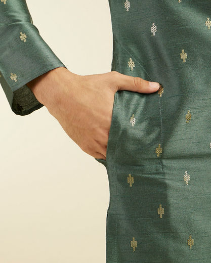 Diwas Men Bottle Green Buta Patterned Kurta with Sequinned Neckline