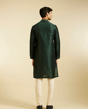 Diwas Men Bottle Green Plain Kurta with Embroidered Neckline