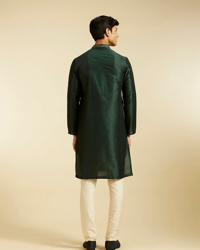 Diwas Men Bottle Green Plain Kurta with Embroidered Neckline