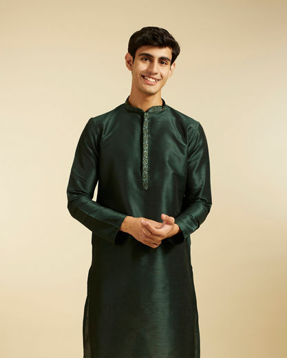 Diwas Men Bottle Green Plain Kurta with Embroidered Neckline