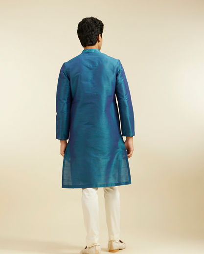 Diwas Men Teal Green Plain Kurta with Embroidered Neckline