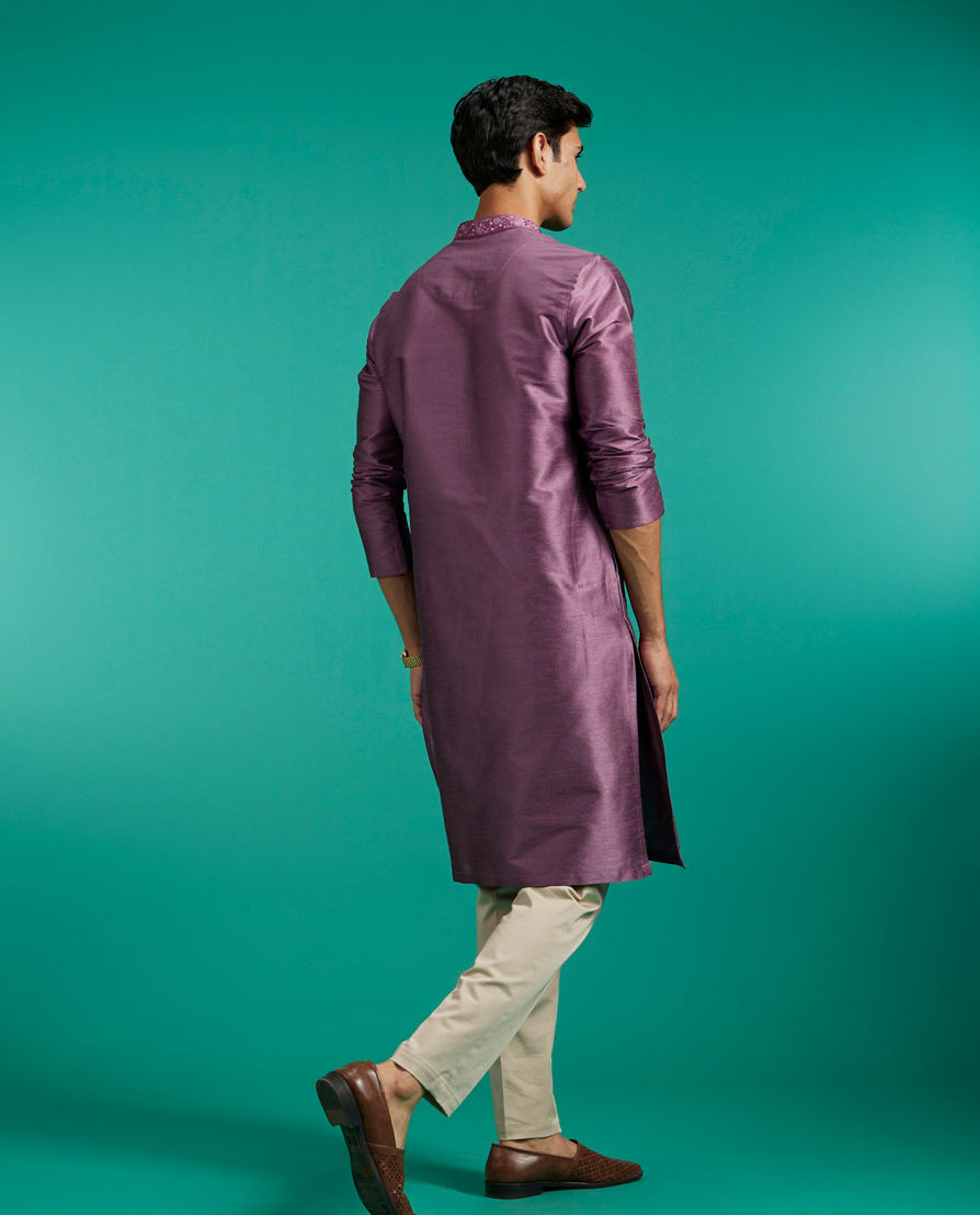 Diwas Men Lilac Shadow Plain Kurta with Embroidered Neckline