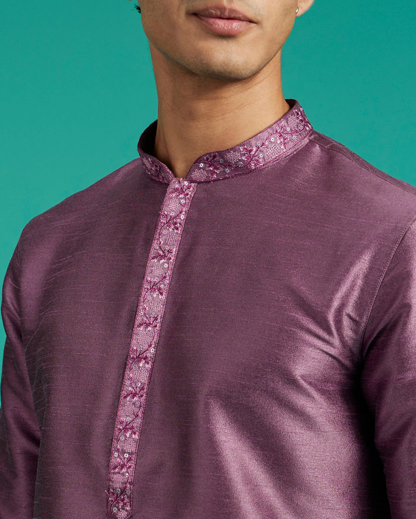 Diwas Men Lilac Shadow Plain Kurta with Embroidered Neckline