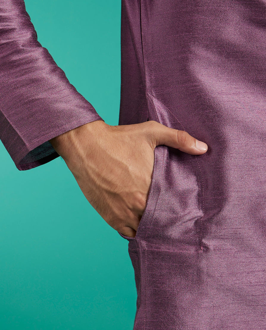 Diwas Men Lilac Shadow Plain Kurta with Embroidered Neckline