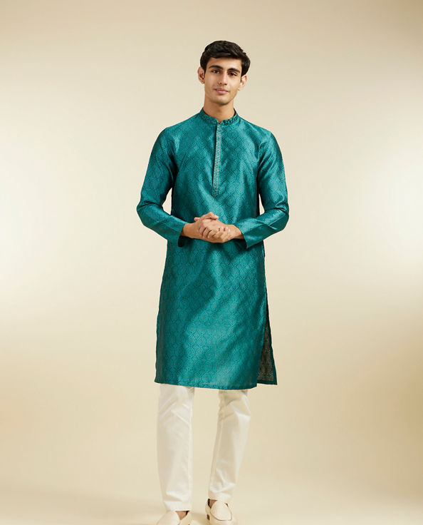 alt message - Diwas Men Teal Green Ogee Jaal Patterned Kurta image number 2