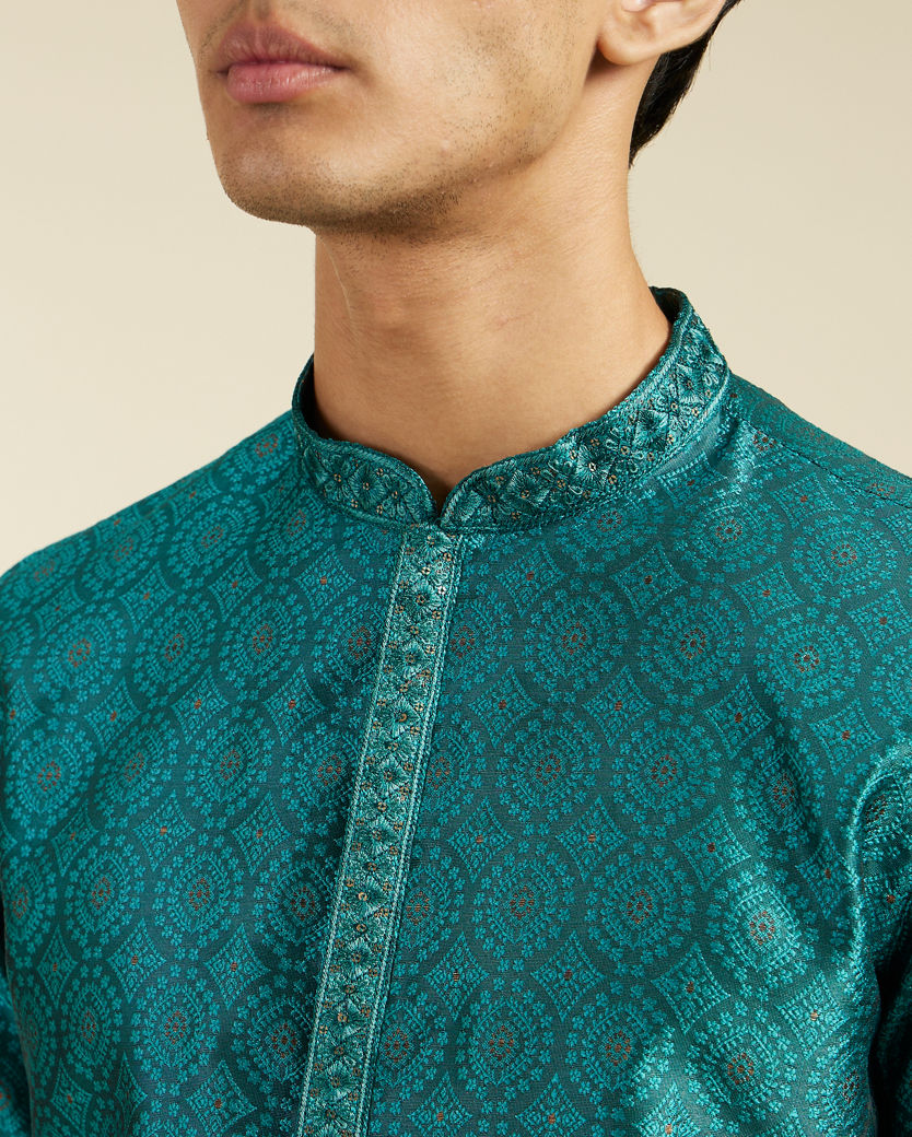 alt message - Diwas Men Teal Green Ogee Jaal Patterned Kurta image number 1