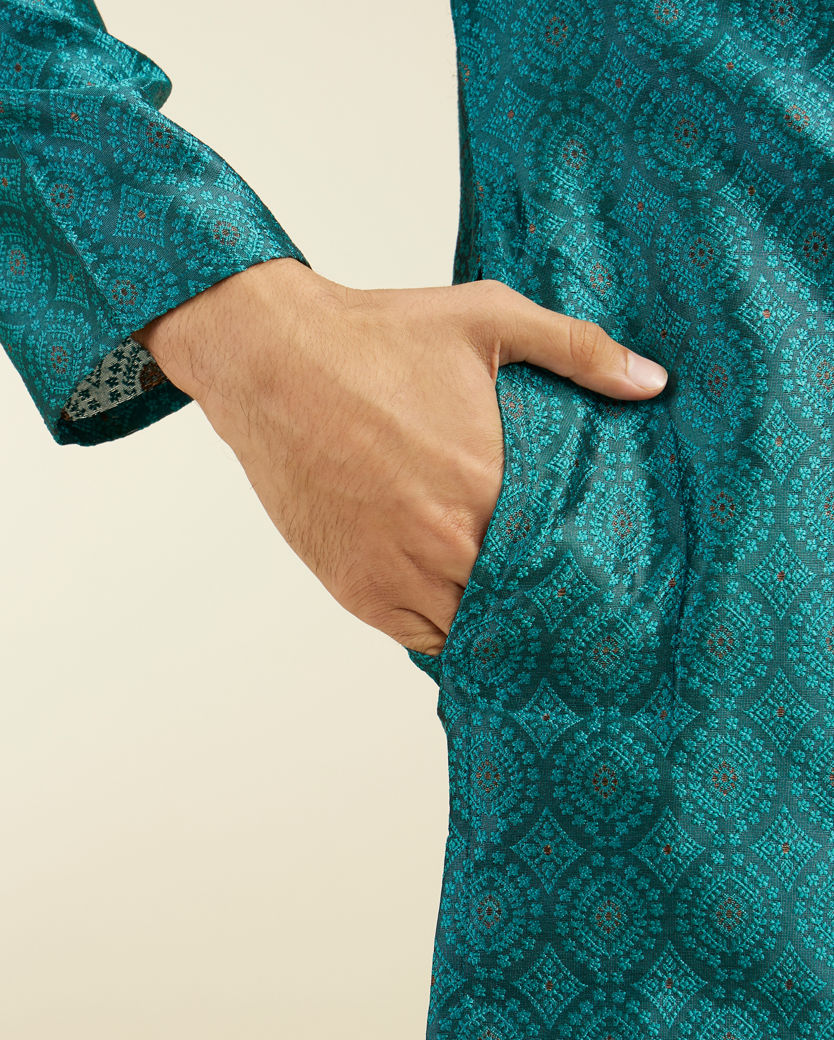 alt message - Diwas Men Teal Green Ogee Jaal Patterned Kurta image number 3