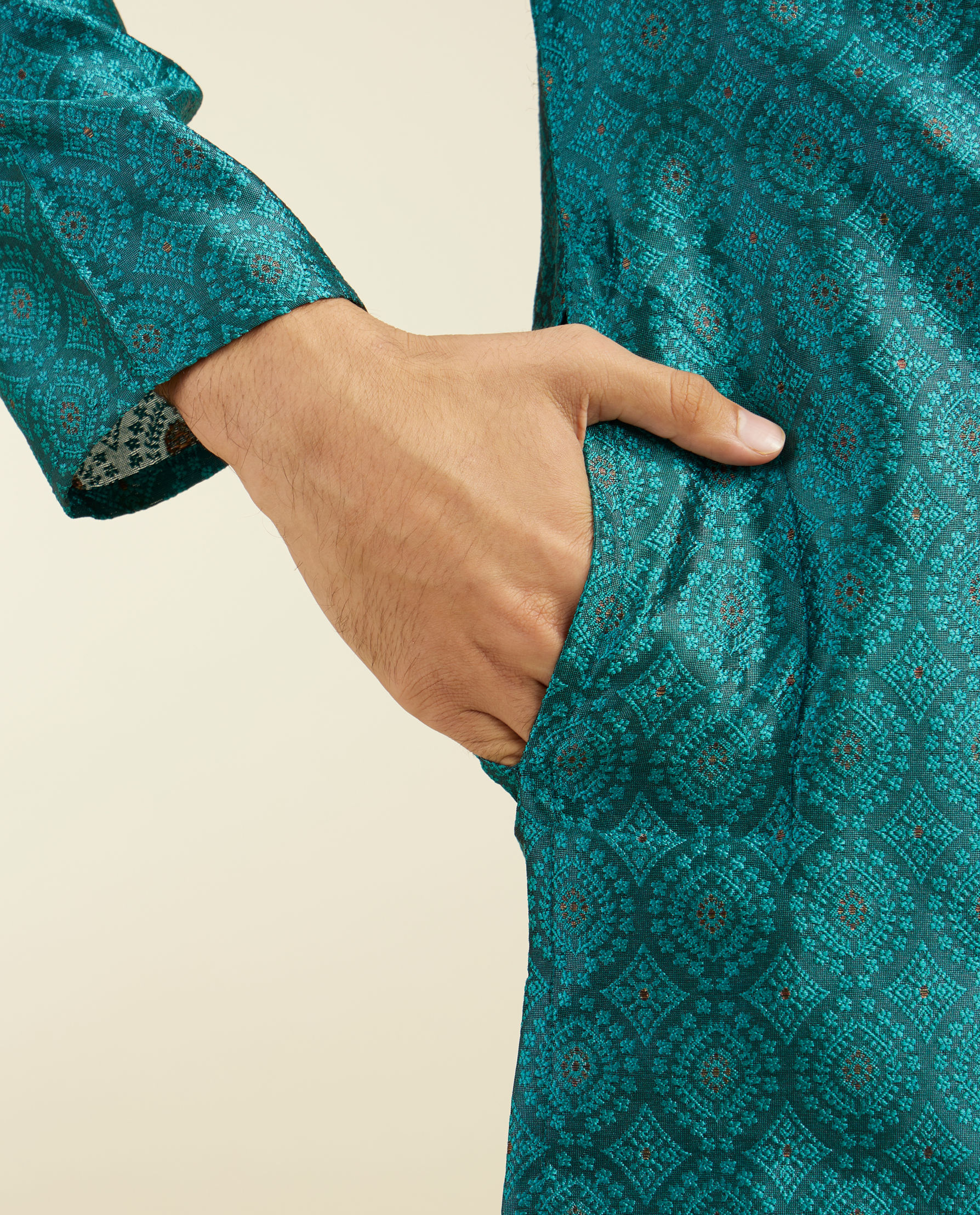 alt message - Diwas Men Teal Green Ogee Jaal Patterned Kurta image number 3